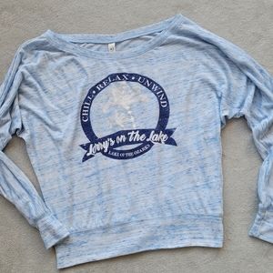 Lake Ozarks Larrys Tee Blue Restaurant Bar Slub Knit Dolman Scoop Off Shoulder S